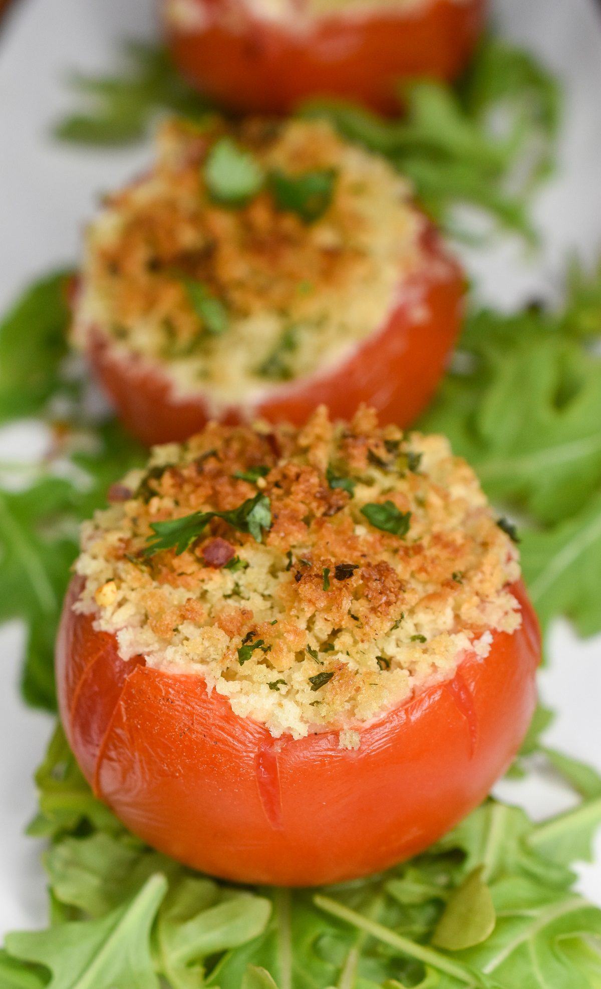 Oven roasted tomatoes stuffed with goat cheese or breadcrumb mixture or both. Tomatoes Provencal. Stuffed Tomatoes recipe.