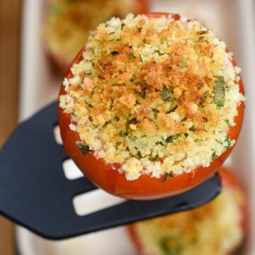 Stuffed Tomatoes recipe Tomatoes stuffed with cheese and breadcrumbs.