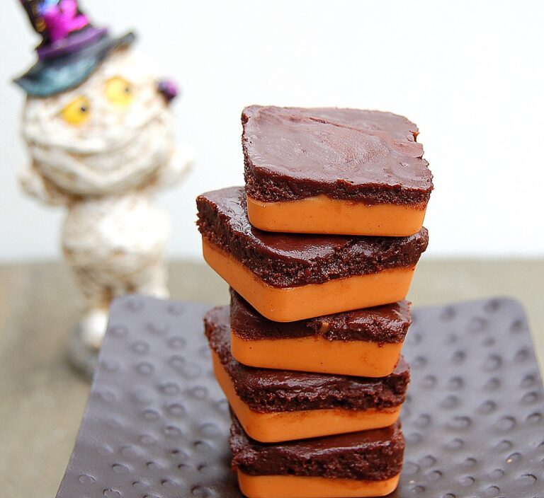 Homemade Halloween Candy Chocolate and Peanut Butter Candy. Orange and black chocolate.