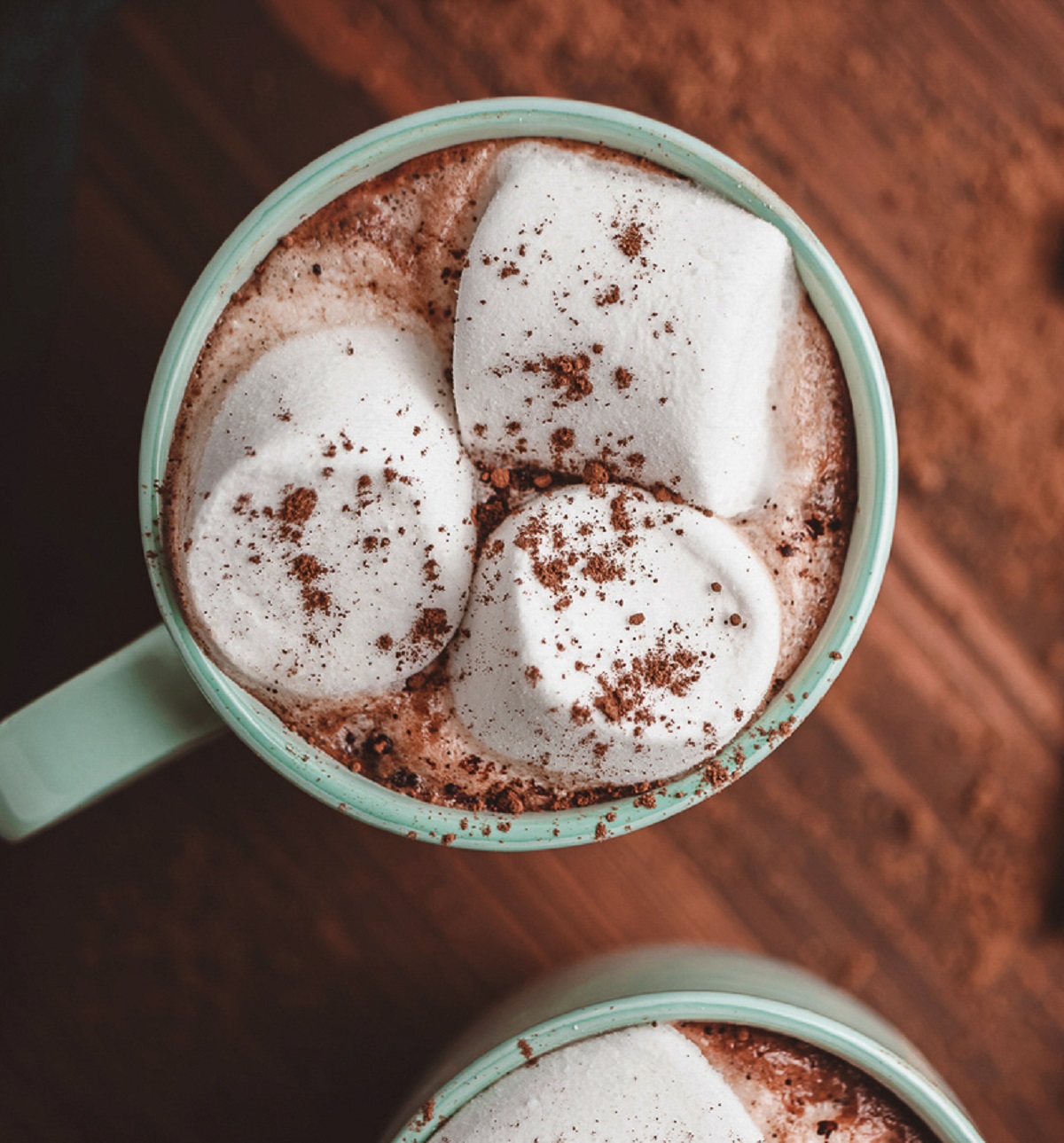 Pale green mug full of hot cocoa, topped with marshmallows and a cocoa powder dusting.