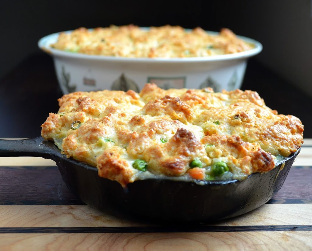 Chicken Pot Pie Topped with Jalapeno & Scallion Biscuits