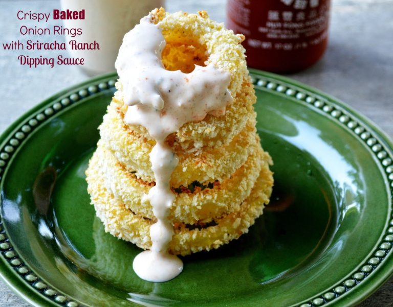 Crispy Baked Onion Rings with Sriracha Ranch Dipping Sauce