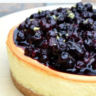 Blueberry Compote Topped Cheesecake on a plate