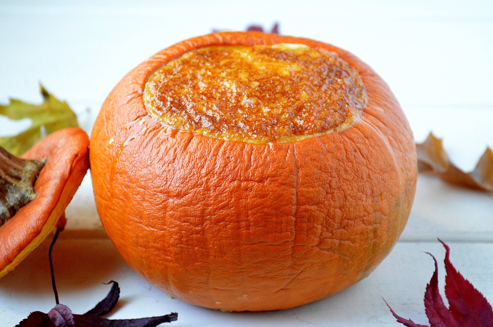 Pumpkin filled with baked custard they way the Pilgrims did it. Recipe the original pumpkin pie.