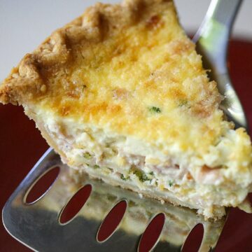 Breakfast Pie shown one slice on a metal spatula
