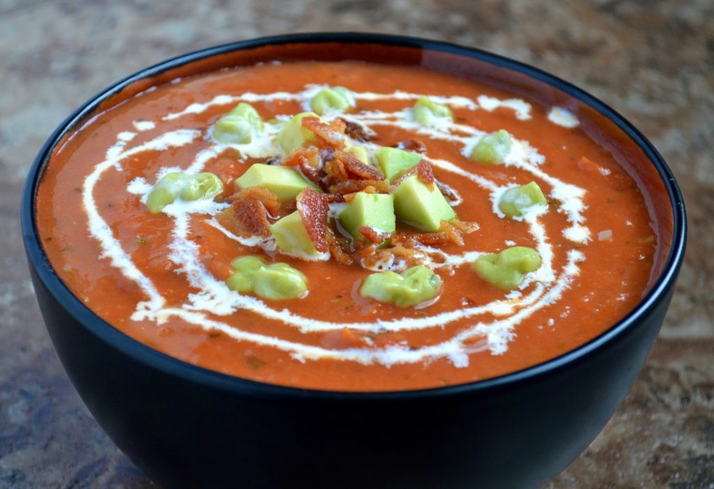 Roasted Tomato Soup with Avocado Bacon and Cream