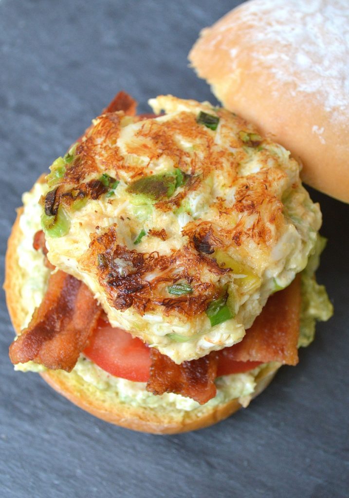 Avocado Crab Cake Sandwiches With Bacon & Spicy Avocado Remoulade