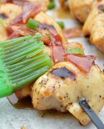 BBQ Beer Glazed Chicken Skewers with Sriracha Candied Bacon