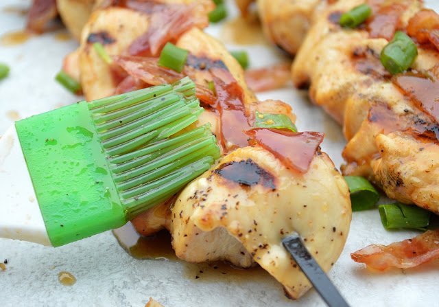 BBQ Beer Glazed Chicken Skewers with Sriracha Candied Bacon
