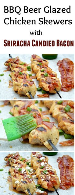 BBQ Beer Glazed Chicken Skewers with Sriracha Candied Bacon