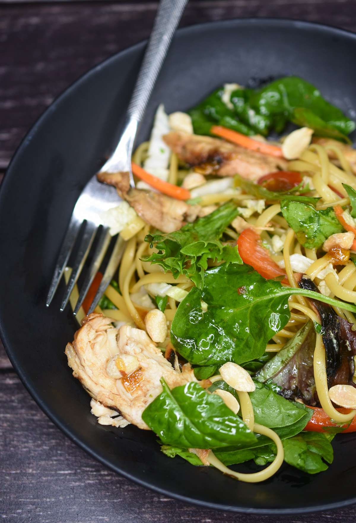 Asian Pasta Salad shown in a bowl with grilled chciekn tossed with Asian dressing with many vegetables.