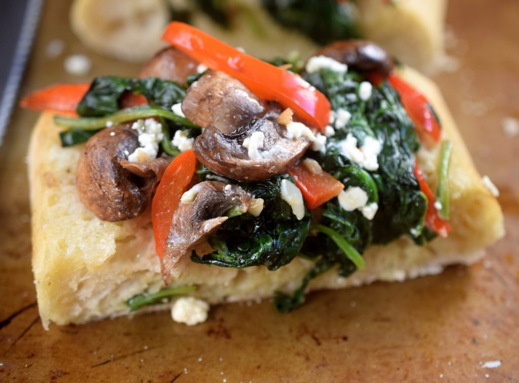 Ciabatta Bread WIth sauteed Spinach Mushrooms Peppers and Feta