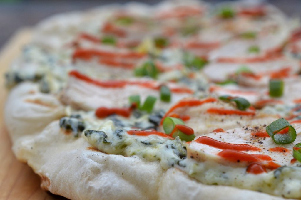 Grilled Flatbread with Spinach & Artichoke Sip, Grilled Chicken & Sriracha