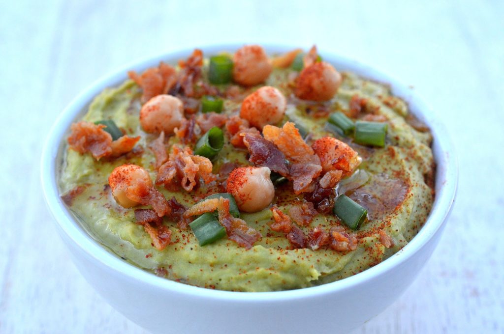 Avocado Hummus with Bacon, a delicious variation on the traditional packed with potassium, vitamin c and nutrients oh and BACON!!