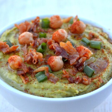 Avocado Hummus with Bacon, a delicious variation on the traditional packed with potassium, vitamin c and nutrients oh and BACON!!