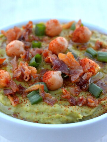 Avocado Hummus with Bacon, a delicious variation on the traditional packed with potassium, vitamin c and nutrients oh and BACON!!