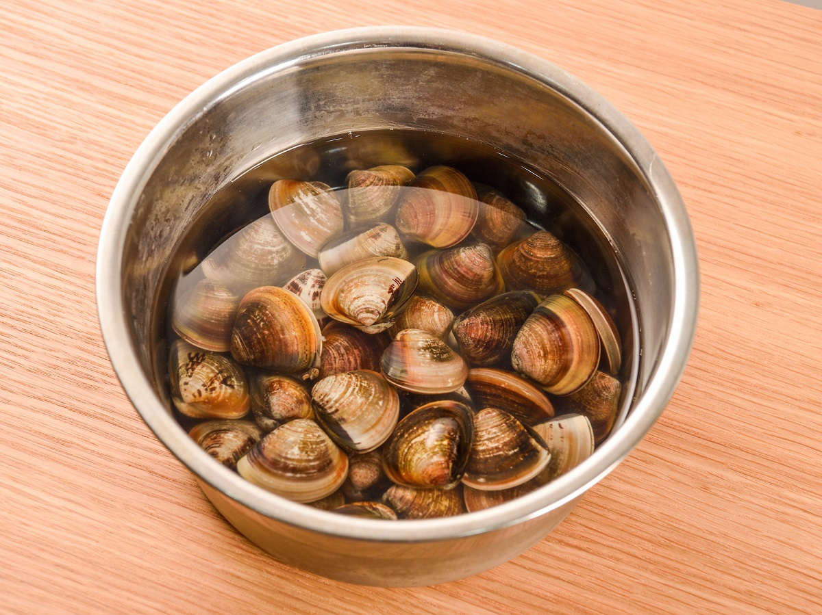 bowl full of fresh clams in salted water for cleaning and removing sand