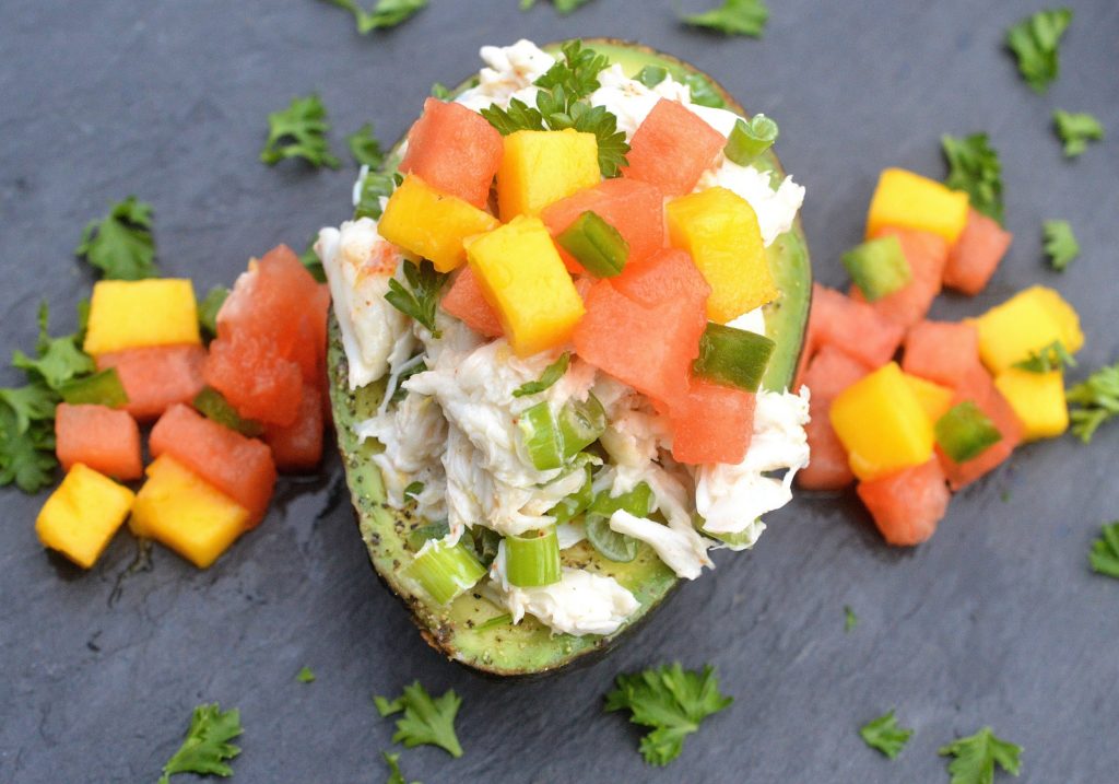 Crab Stuffed Avocados with Watermelon Mango Salsa