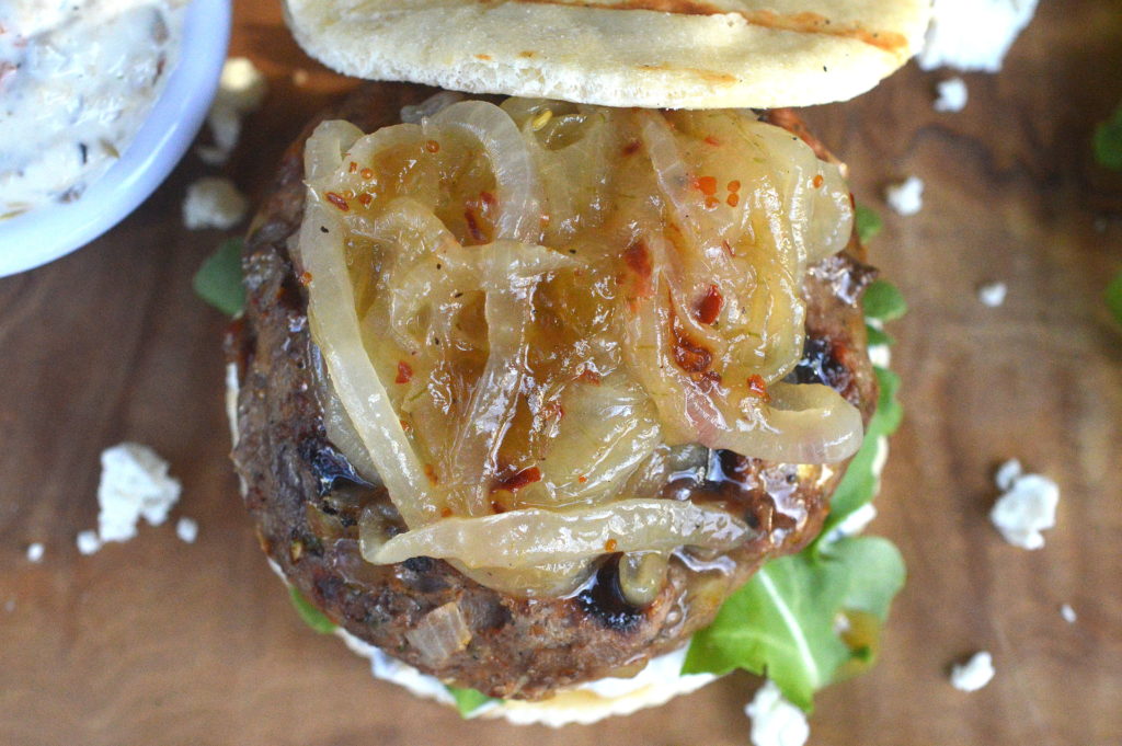 Feta Stuffed Lamb Burger with Onion Fig Jam & Tapenade mayo #BurgerMonth