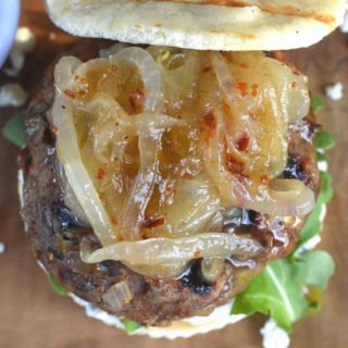 Feta Stuffed Lamb Burger with Onion Fig Jam & Tapenade mayo #BurgerMonth