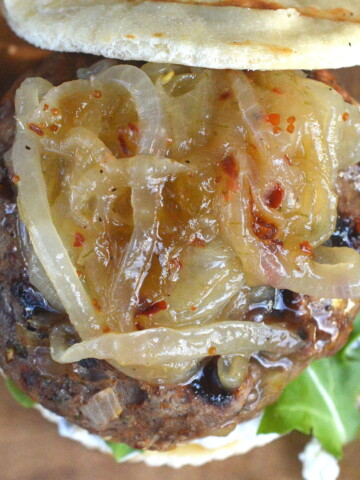 Feta Stuffed Lamb Burger with Onion Fig Jam & Tapenade mayo #BurgerMonth