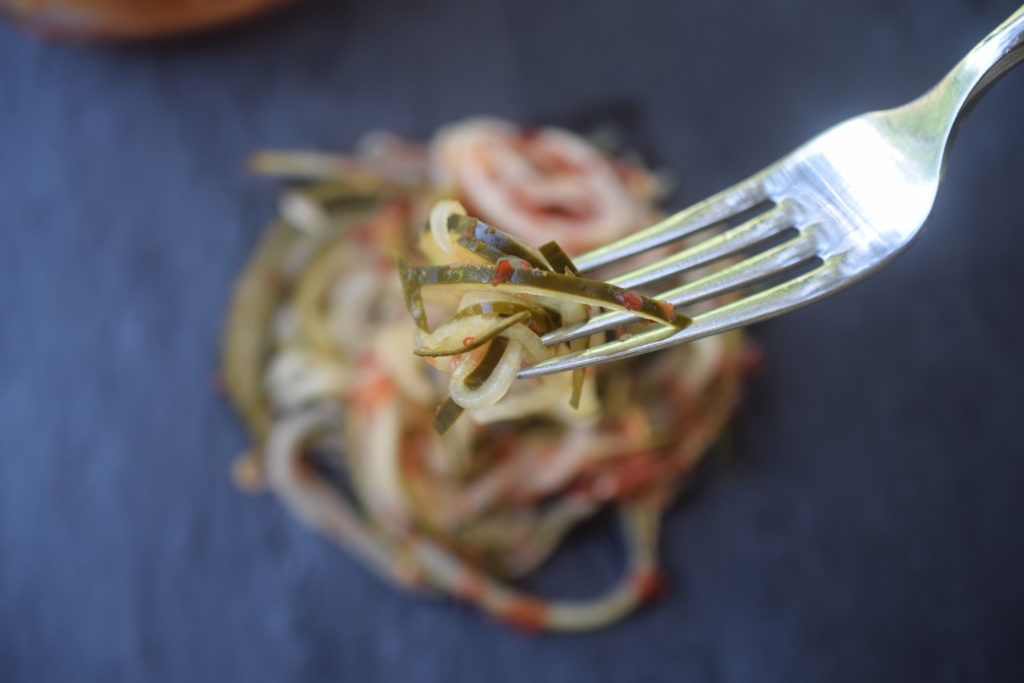 Ready in just a few hours, these Spicy Spiralized Pickled Cucumbers are addictively delicious and can go with so many things! 