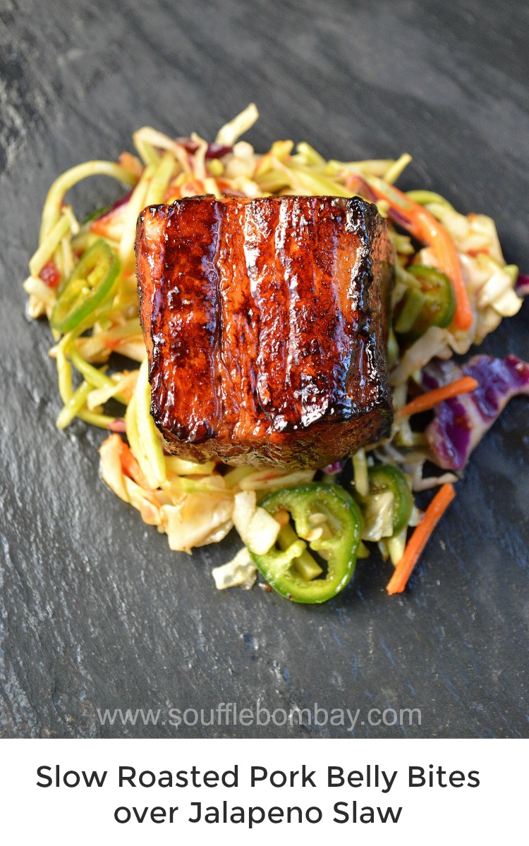 Slow Roasted Pork Belly Bites over Jalapeno Slaw. Delicious recipe with pork belly.