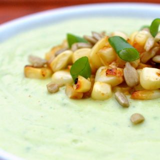 Spicy Avocado Cucumber Soup with Roasted Corn & Sesame Seeds by Souffle Bombay