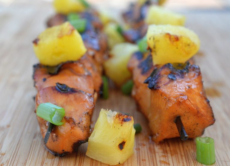 Hawaiian Chicken Skewers from Souffle Bombay. Great for a crowd!