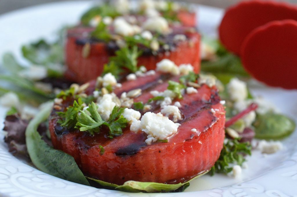 Sweet & Spicy Rubbed & Grilled Watermelon Salad with Honey Lime Vinagarette