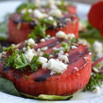 Sweet & Spicy Rubbed & Grilled Watermelon Salad with Honey Lime Vinagarette