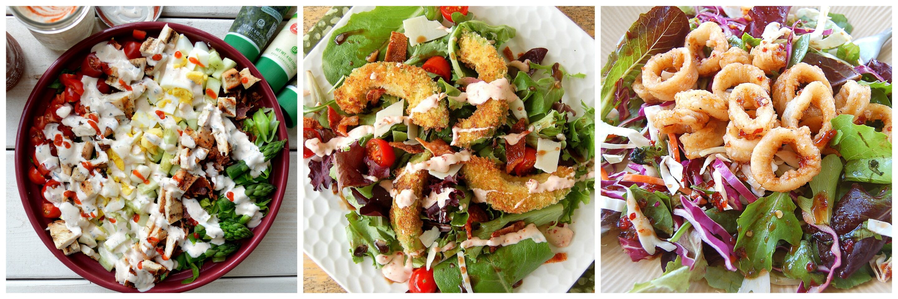 My 3 Favorite Salads - Cobb Salad with Sriracha Ranch Dressing, Crispy Avocado Salad with Bacon & Tomatoes and Crispy Calamari Asian Salad