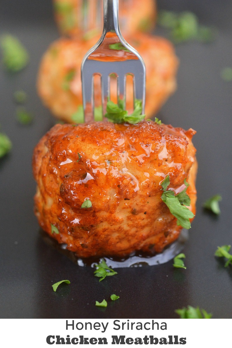 Honey Sriracha Chicken Meatballs - Mini (Dairy Fre) Chicken Meatballs glazed in Honey Sriracha! Moist & full of flavor! 