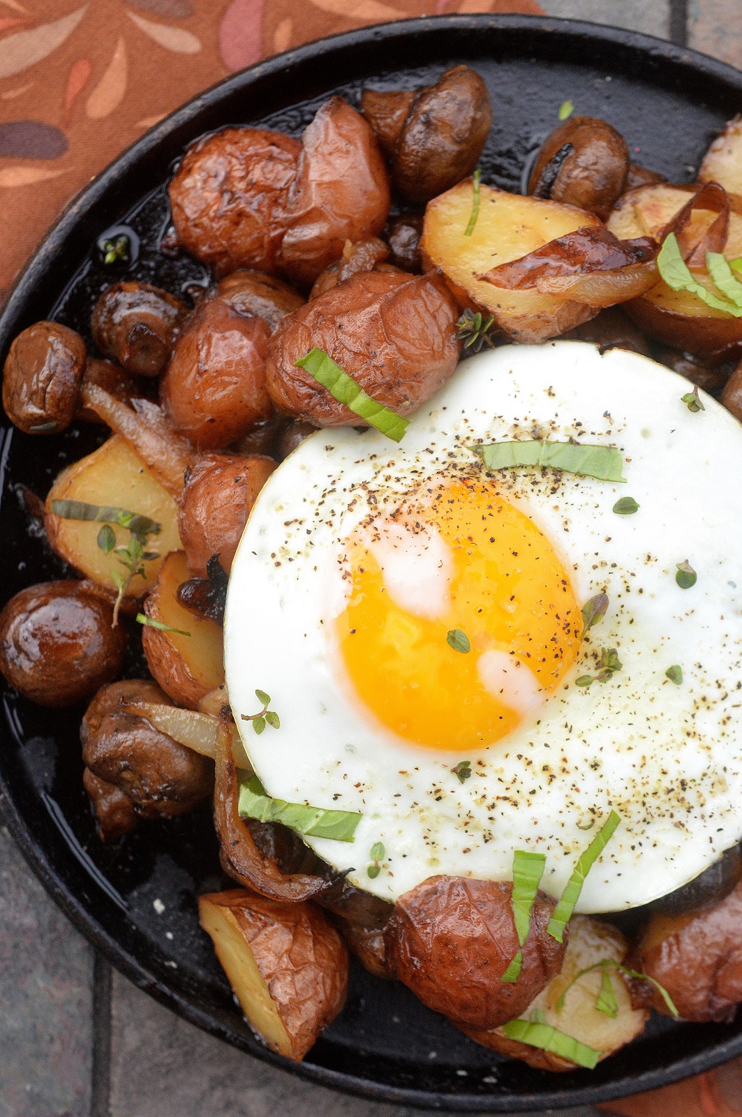 Potato Onion Mushroom and Egg Breakfast Hash