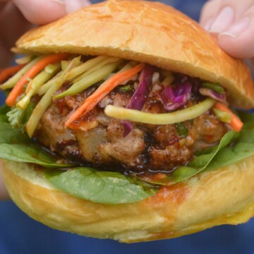 Asian Pork Burger on a bun with slaw