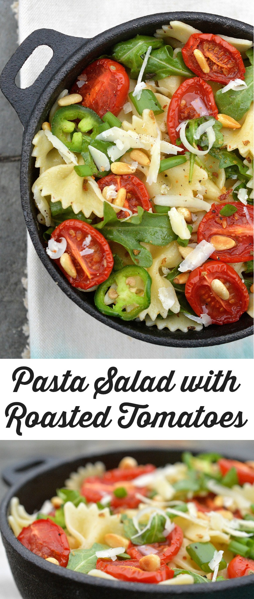 Delicious & Easy bow tie pasta Salad with Roasted Tomatoes Parmesan Cheese Pine Nuts Arugula & Jalapenos in a garlic oil. SO good!