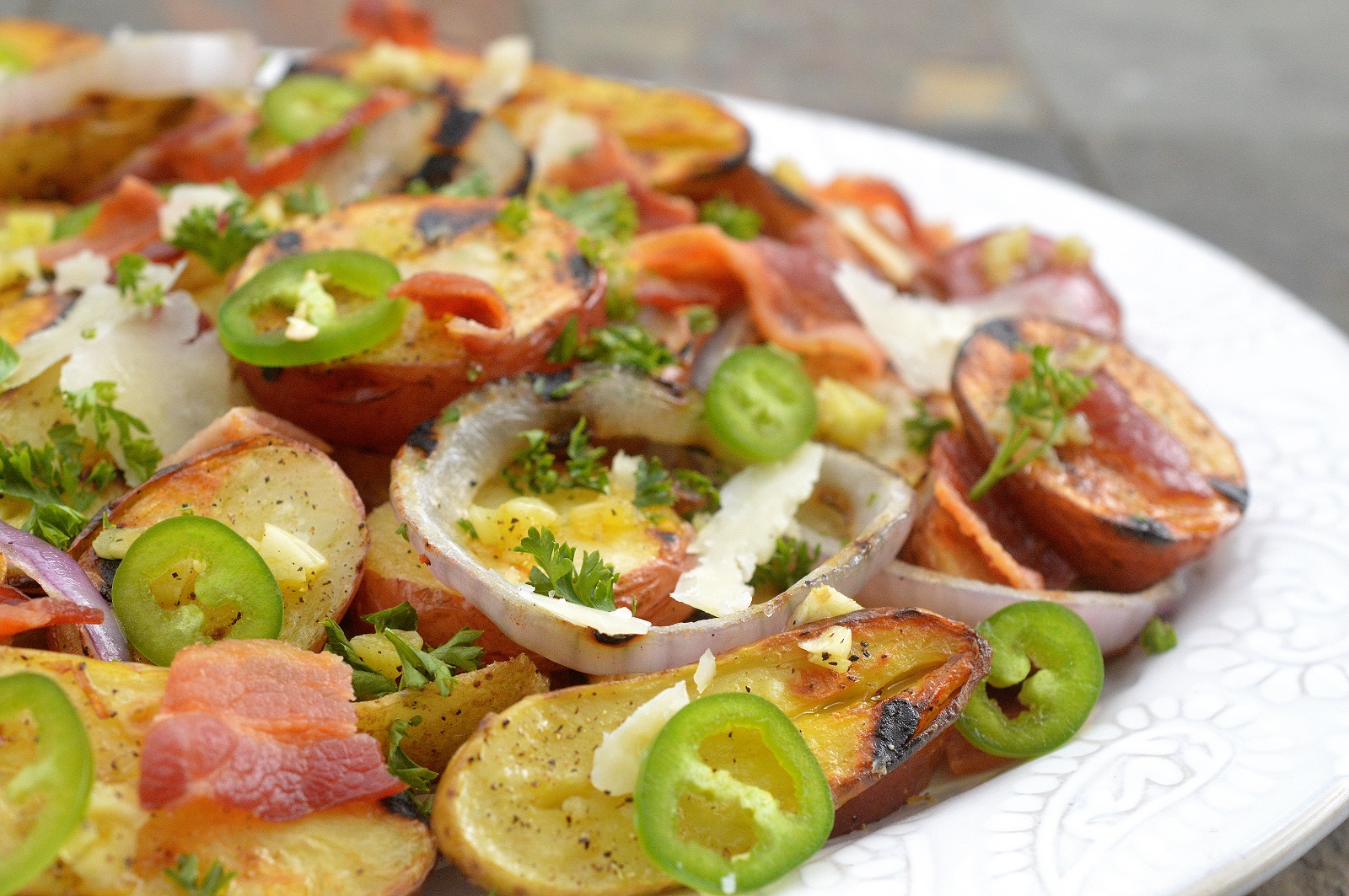 Grilled Potato Salad recipe with Bacon & Jalapenos. A delicious BBQ side dish
Grilled Potatoes