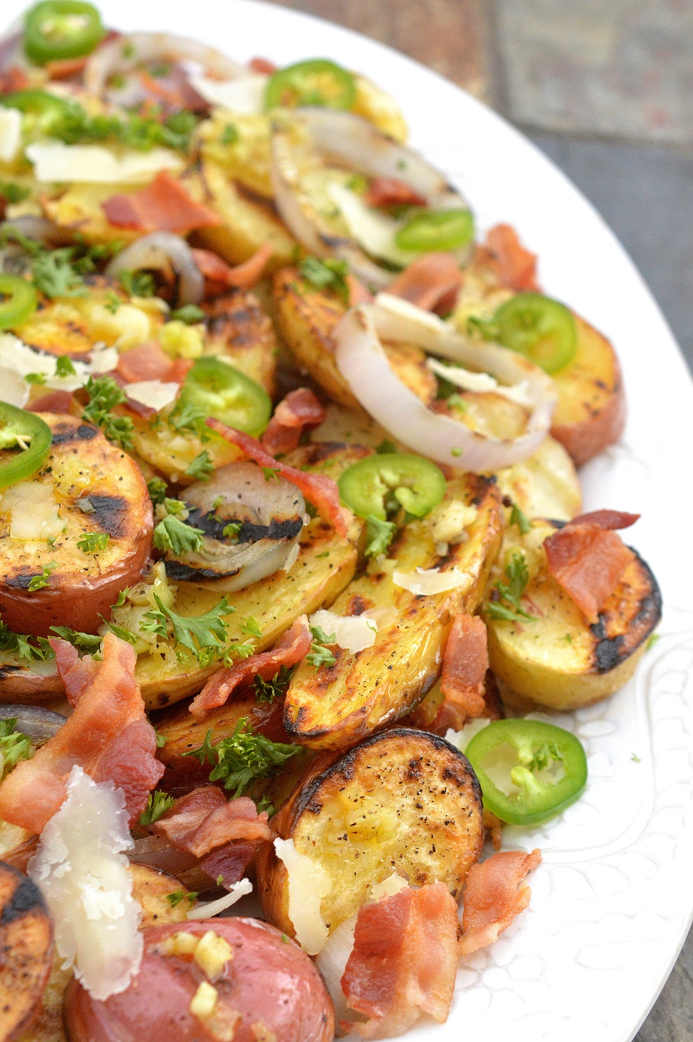 Grilled Potato Salad with bacon and onion, an easy, impressive grilled side dish