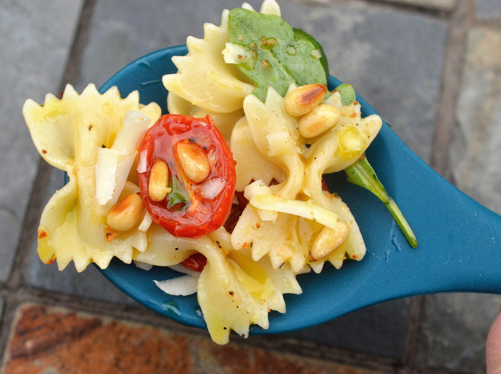 Pasta Salad with Roasted Tomatoes and Pine Nuts in a Garlic Oil. Yummmm!