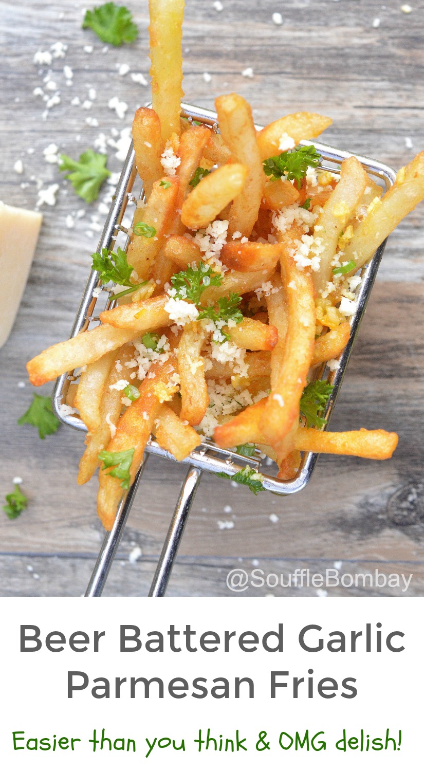 Beer Battered Garlic Parmesan Fries, made easy by starting with frozen fries, these babies are seriously delish!