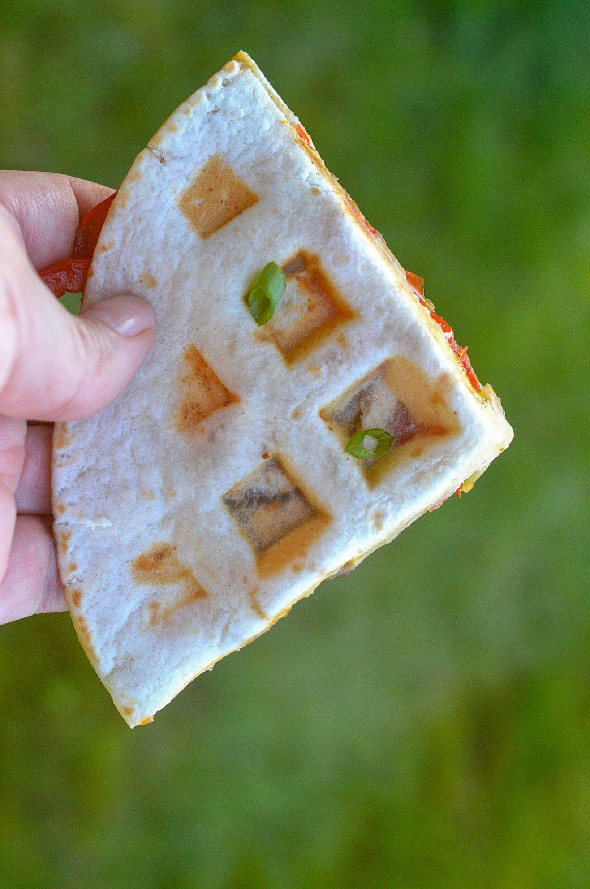 Love Steak Quesadillas? Try making them in your waffle maker! Easy & no flipping! Shown one triangle of a steak quesadilla being held in a hand outside over grass.