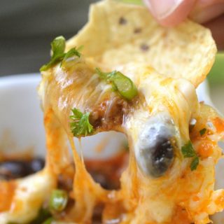 Cheesy Beef Enchilada Dip! Easy to make, gluten free and perfect for Game Day Grub!