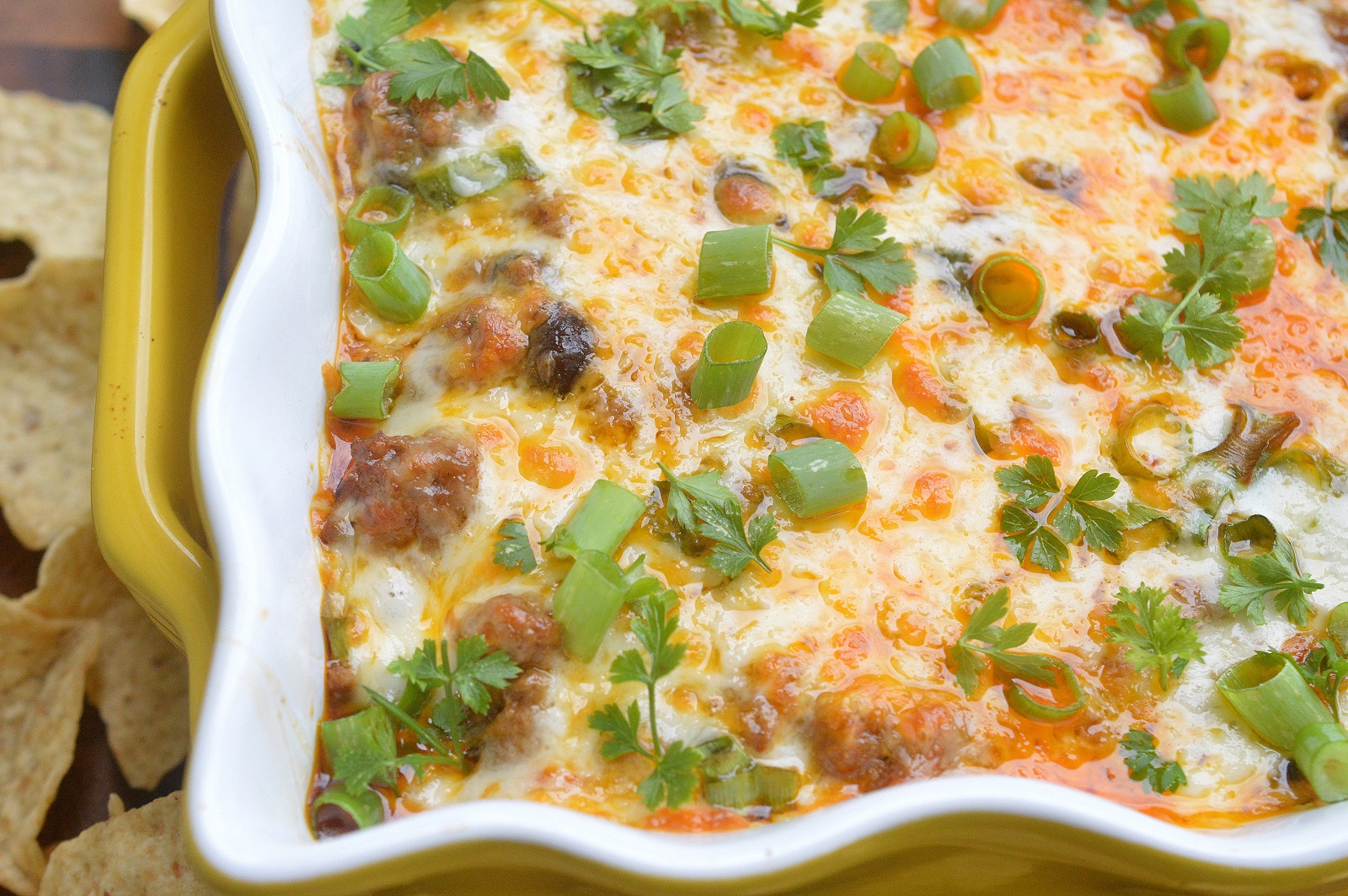 Cheesy Beef Enchilada Dip! Game day dip favorite! Mexican Dip recipe.