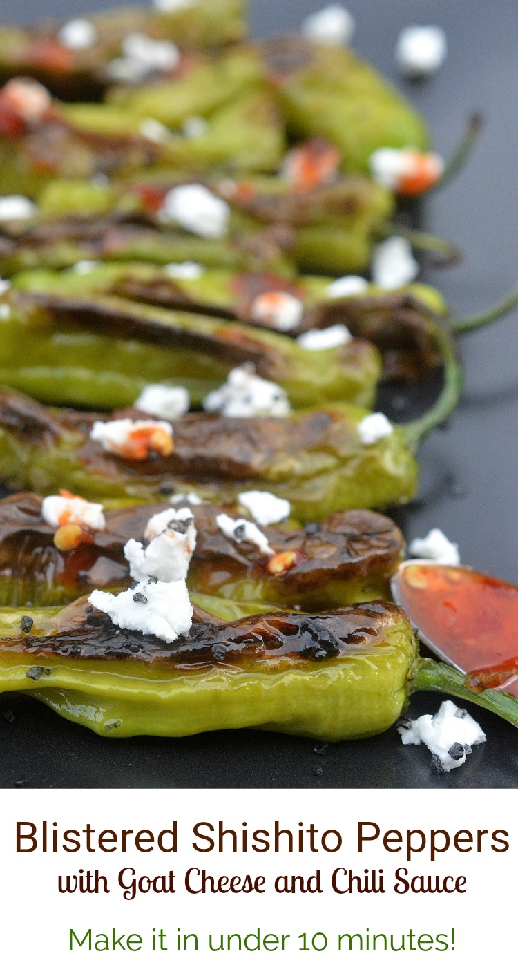 Blistered Shishito Peppers with Goat Cheese and Spicy Honey Sauce an easy, light appetizer made in under 10 minutes!