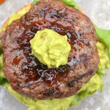 Guacamole Burgers. Creamy guac and the sweet & spicy kick of hot pepper jelly make these dairy-free burgers irresistible!