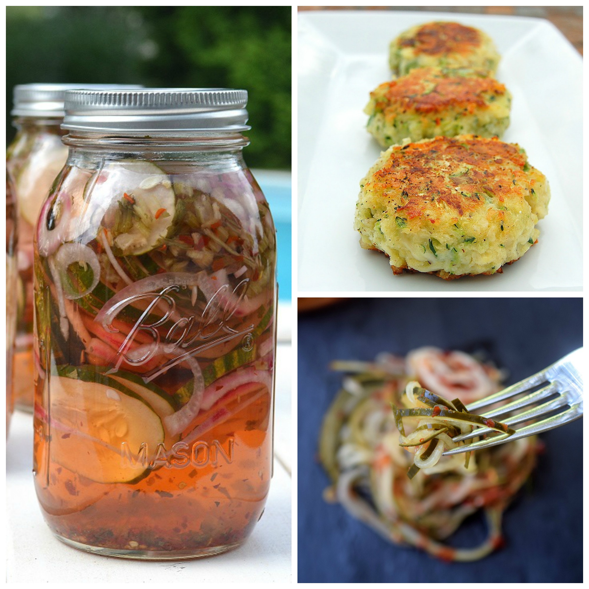 Quick Sweet & Spicy Cucumbers, Spiralized Quick Sweet & Spicy Cucumbers and Zucchini Parmesan Cakes from Souffle Bombay