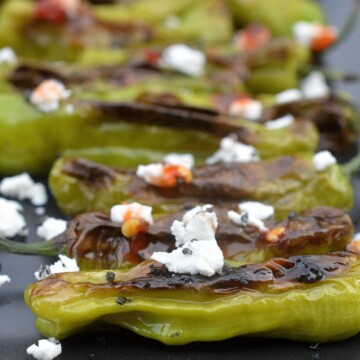 Shishito Peppers with Goat Cheese and Chili Sauce and easy, light appetizer