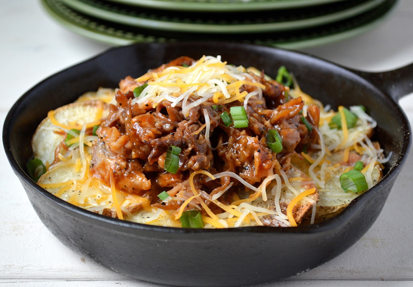 Pulled Pork Potato Nachos. Crisp potato rounds, flavorful pulled pork and cheese, whats not to love