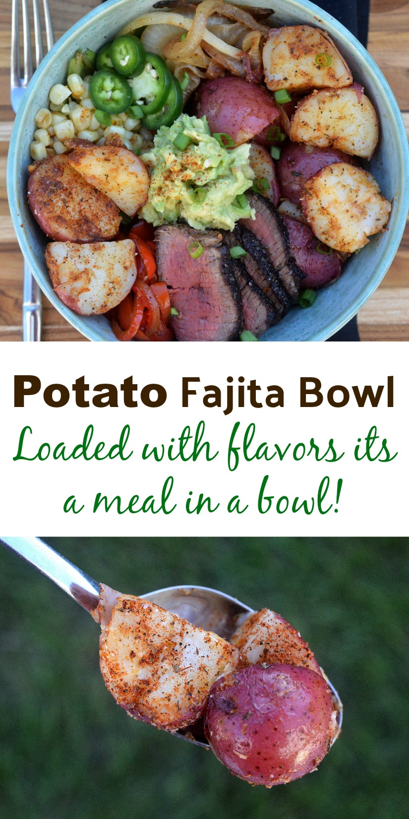 Potato Fajita Bowl is incredible full of flavor...Blackened Steak, Spiced Potatoes, Fried onions & peppers & more! 