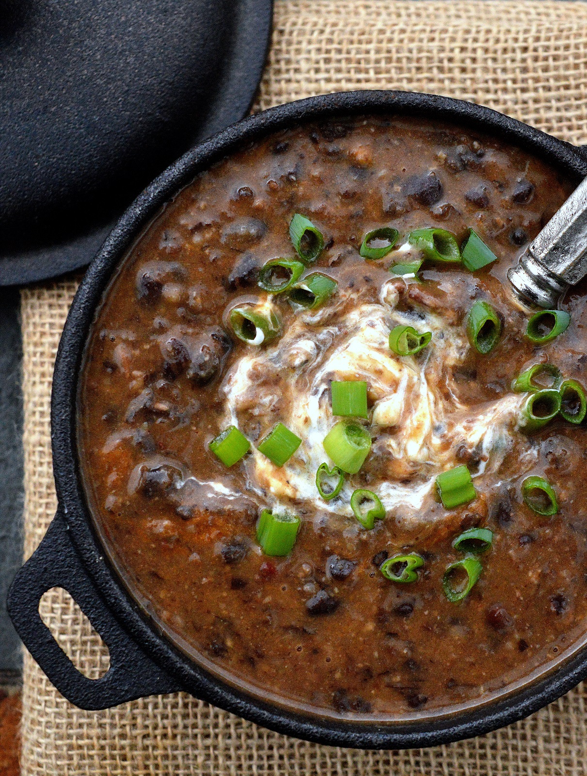 Classic Black Bean Soup in a cast iron soup bowl